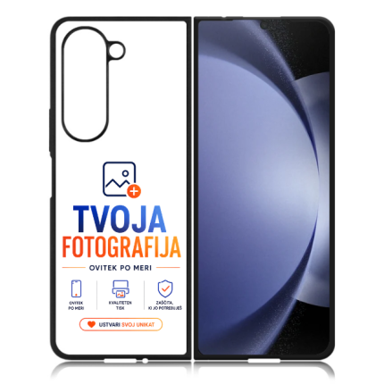 Phone case with white back displaying the 'TVOJA FOTOGRAFIJA' logo and orange CTA button on a black-edged phone case mockup