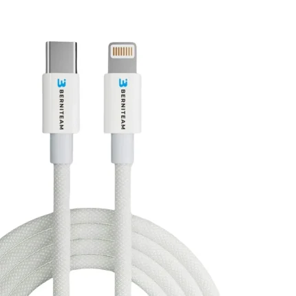 White braided charging cable with USB-C and Lightning connectors coiled side by side.