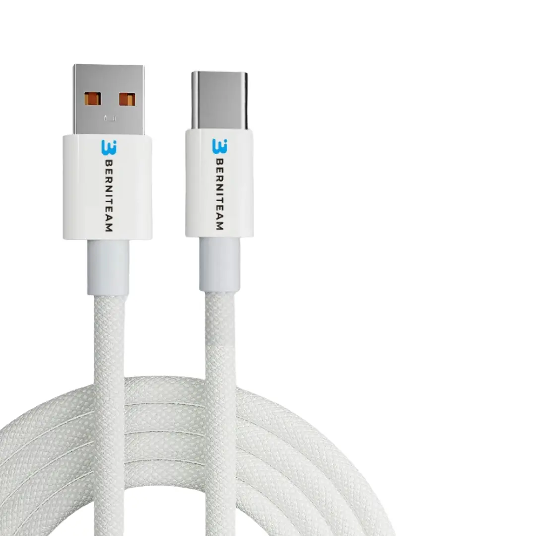 White braided USB-A to USB-C charging cable with white connectors and blue logo on each end