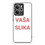 Phone case mockup with white back and red text 'VAŠA SLIKA' near the center, camera module at top-left.