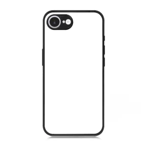 Black bumper-style phone case with a white back and rounded edges, camera cutout at the top-left corner (iPhone-style).