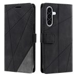 Black geometric leather wallet phone case, open and closed, showcasing card slot and magnetic clasp design.
