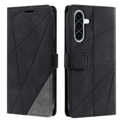 Black geometric leather wallet phone case, open and closed, showcasing card slot and magnetic clasp design.
