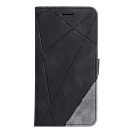 Black geometric-pattern leather folio phone case, closed and protecting the screen, with diagonal stitch lines.