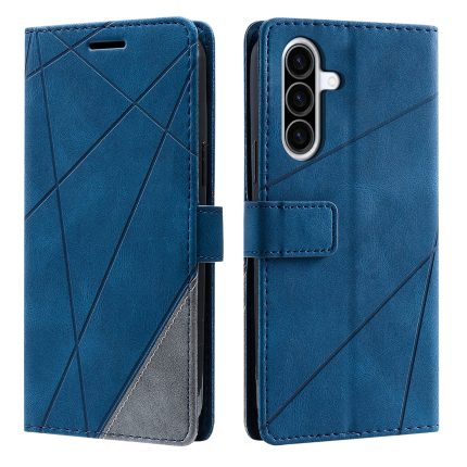 Blue geometric-pattern wallet phone case shown from front and back, with magnetic strap and tri-camera cutout on one side