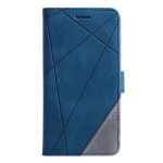 Blue geometric-pattern leather phone case with diagonal stitched panels and gray bottom corner detail