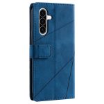 Blue leather wallet-style phone case with a diagonal seam and a camera cutout on the back, shown from the side.