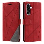 Red leather folio phone case with diagonal geometric stitching; front and back views shown.