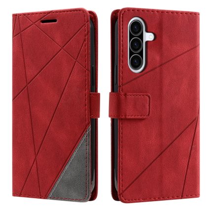 Red leather folio phone case with diagonal geometric stitching; front and back views shown.