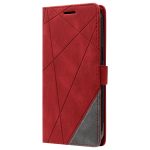 Red leather smartphone wallet case with diagonal geometric stitching and a magnetic tab side strap