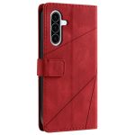 Red leather wallet-style phone case with a magnetic strap, showing a triple-camera cutout on the back on a red background.