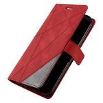 Red wallet-style phone case with geometric diagonal stitching, opened to reveal a smartphone inside