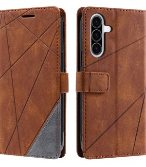 Brown leather phone case with geometric stitching, shown from front and back, featuring a magnetic strap and card pocket edge visible on the left panel.