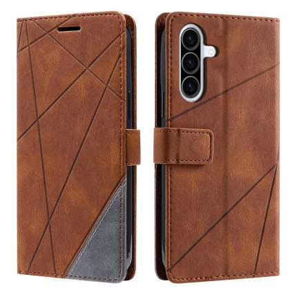 Brown leather phone case with geometric stitching, shown from front and back, featuring a magnetic strap and card pocket edge visible on the left panel.