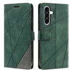 Green geometric leather wallet phone case with front cover and magnetic strap (phone not visible) — side and back views shown.