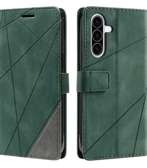 Green geometric leather wallet phone case with front cover and magnetic strap (phone not visible) — side and back views shown.