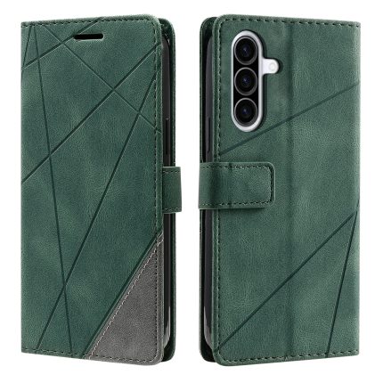 Green geometric leather wallet phone case with front cover and magnetic strap (phone not visible) — side and back views shown.
