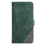 Green folio-style phone case with a geometric stitched pattern on the front, dark emerald leather look.