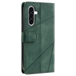 Green leather folio phone case viewed from back, with magnetic strap and diagonal stitching lines near the camera module (triple-camera cutout).