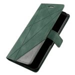 Green geometric leather folio phone case with magnetic strap, protecting a smartphone.