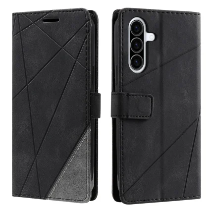 Black leather-style flip phone case with geometric diagonal stitching, shown from front and back with a triple-camera cutout on the back.