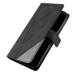 Black folio-style phone case with geometric stitch pattern, partially open to show a smartphone inside and a magnetic strap