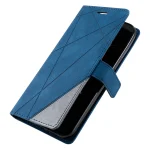 Blue folio phone case with geometric stitched pattern and magnetic strap, slightly open to reveal the phone inside.