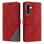 Red wallet-style phone case for a smartphone, shown from front and back with a magnetic strap; features a diagonal geometric pattern and camera cutout on the back.