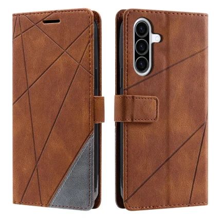 Two-view image of a brown leather wallet-style phone case with geometric diagonal stitching and a magnetic strap, shown front and back.