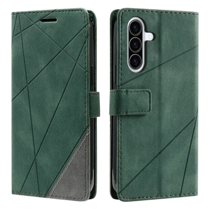 Green leather-look wallet phone case with diagonal geometric stitching, shown from front and back, designed for a triple-camera smartphone.