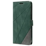 Green leather-like phone case with geometric panel stitching and a magnetic strap on the side, shown in a folio style.