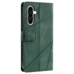 Green leather wallet-style phone case with a magnetic strap, shown on a triple-camera smartphone back.
