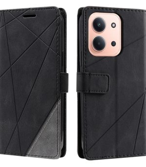 Black geometric leather folio case for iPhone, shown front and back with magnetic clasp.