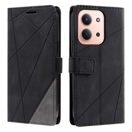 Black geometric leather folio case for iPhone, shown front and back with magnetic clasp.