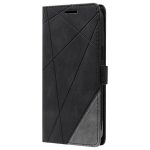 Black folio-style phone case with geometric stitched panels and a side tab closure.
