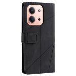 Black leather wallet-style phone case on a pink iPhone, featuring a magnetic strap and diagonal stitching details.
