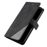 Black flip-style phone case with a geometric diagonal pattern and a magnetic strap, protecting a smartphone inside