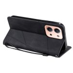 Black folio phone case with a strap, propped as a stand, showing a pink iPhone with a triple-camera module in the corner