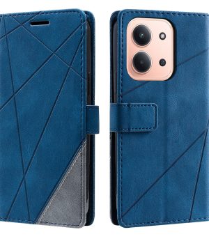 Blue geometric-pattern folio smartphone case with magnetic strap, shown closed and open from front and back. Includes a soft gray interior and precise camera cutout on back for a dual/tri‑camera phone.