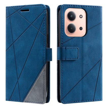Blue geometric-pattern folio smartphone case with magnetic strap, shown closed and open from front and back. Includes a soft gray interior and precise camera cutout on back for a dual/tri‑camera phone.