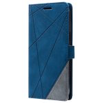 Blue leather wallet-style phone case with geometric stitched pattern and a clasp closure, viewed from the side.