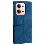 Blue leather wallet-style phone case with a magnetic strap, shown on a rose-gold smartphone back with dual camera cutouts.
