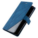 Blue geometric-pattern phone case flipped open, showing a smartphone inside a protective wallet cover with a magnetic strap.