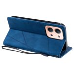 Blue folio-style phone case with built-in stand and wrist strap, holding a pink smartphone with a triple-camera module.