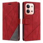 Red leather wallet-style phone case for an iPhone, shown from front and back, with diagonal geometric stitching and a magnetic closure strap.