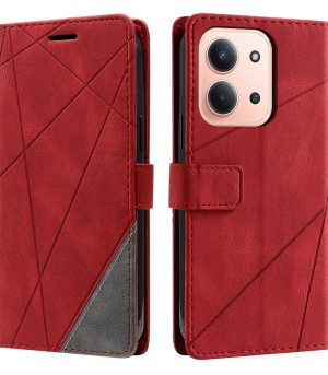 Red leather wallet-style phone case for an iPhone, shown from front and back, with diagonal geometric stitching and a magnetic closure strap.