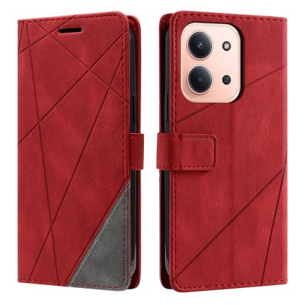Red leather wallet-style phone case for an iPhone, shown from front and back, with diagonal geometric stitching and a magnetic closure strap.