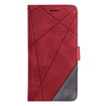 Red geometric-pattern phone case with diagonal stitched panels and gray bottom corner.