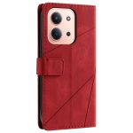 Red leather wallet-style phone case closed around a pink-gold iPhone, showing diagonal stitching and a camera cutout on the back