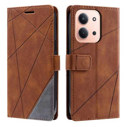 Brown leather wallet phone case with geometric stitching, shown from front and back. Pocket-style cover with magnetic tab.